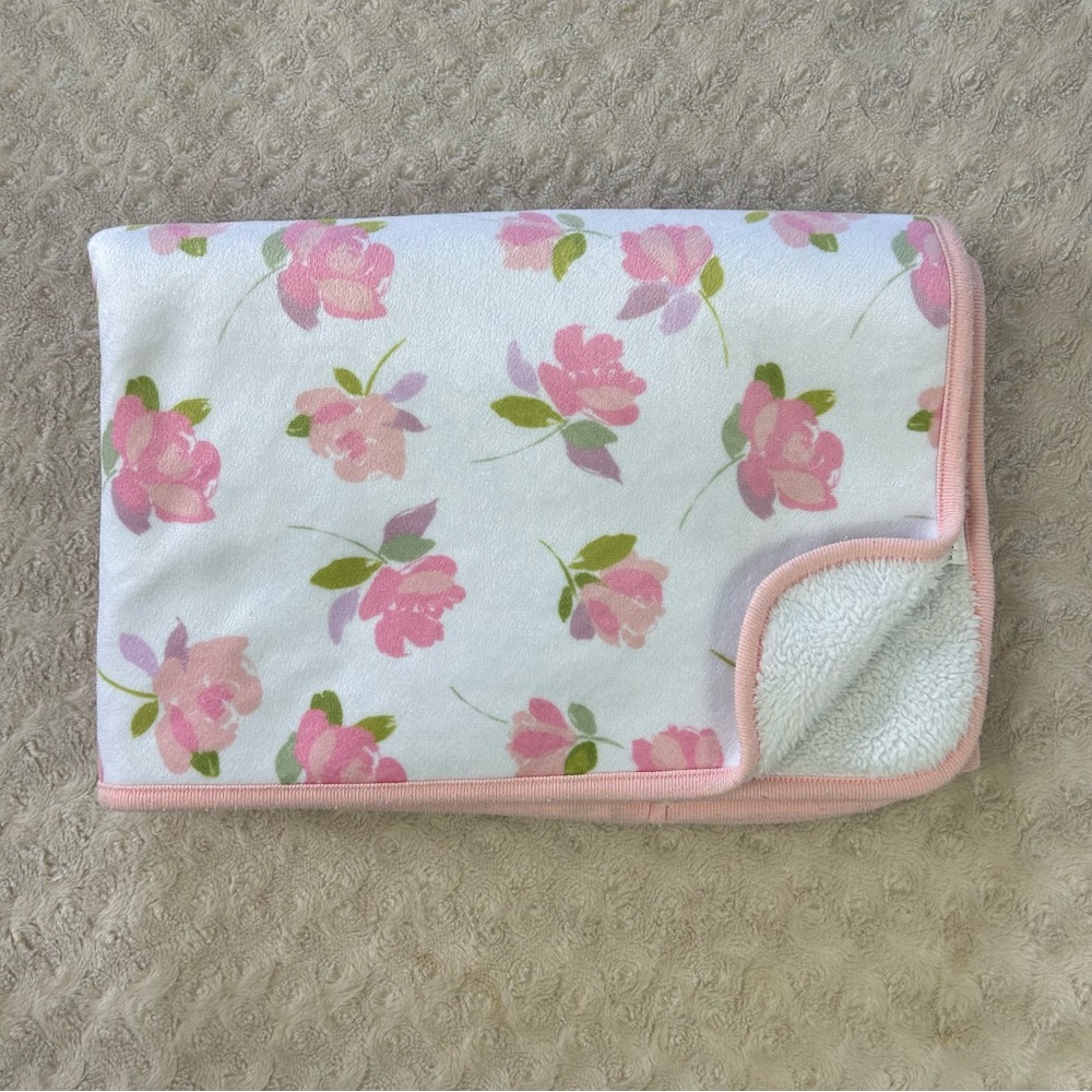 Bundles Baby Place Pink Floral Baby Blanket White Green Flower Sherpa Lovey